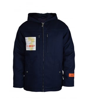 Abrigo con capucha de algodón azul de Heron Preston.Parche de logotipo naranja en el pecho.Dos bolsillos laterales con cierre a presión y dos bolsillos en el pecho con cierre de cremallera.Cierre con cremallera.Logotipo blanco en la parte superior de la espalda.