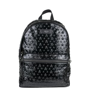 Mochila Wilmer Jimmy Choo de piel y lona negra.Efecto metalizado.Estrellas negras en relieve.Parche con logotipo. Compartimento con cremallera.Bolsillo delantero con cremallera.Correas negras ajustables.Dimensiones: fondo 15 cm x alto 43 cm x ancho 32 cm.Made in Italy.
