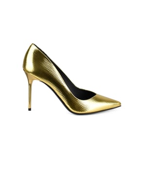 100 mm Metallic-Pumps von Balmain.Aus goldfarbenem Leder.Spitze Spitze an der Spitze.Hoher Pfennigabsatz.Made in Italy.
