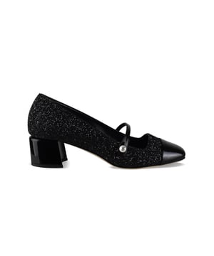 Zapatos de tacón Jimmy Choo Elisa 45 negros con purpurina.Puntera cuadrada en charol.Tira fina adornada con una perla blanca.Logotipo de la marca en el talón.Tacón en bloque de 4,5 cm.Suela de cuero.Made in Italy.