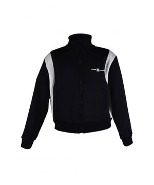 Amiri trainingsjack van zwart polyester.Wit MA-logo gedrukt op de borst.Wit Amiri-logo gedrukt op de achterkant.Wit streepdetail.Elastische tailleband.Geribde randen.Hoge kraag.Ritssluiting.Zijzakken.Gemaakt in Italië.