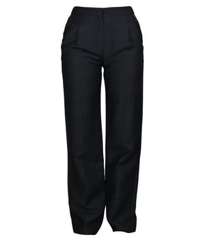 Zwarte Balenciaga plooibroek.Zijzakken en achterzakken met klep.Ritssluiting.60% katoen en 40% rayon.Gemaakt in Italië.