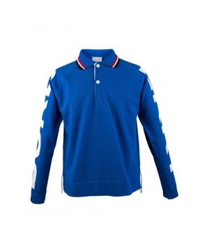 Polo Burberry de algodón azul.Letras blancas a lo largo de las mangas.Mangas largas.Cuello abotonado con rayas blancas, rojas y negras.Made in Italy.