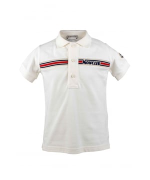 Wit poloshirt van Moncler-katoen.Horizontaal gestreepte logoband in het midden.Korte mouwen.Kraag met knoopsluiting.Gemaakt in Italië.