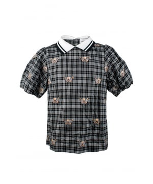 Zwart-wit geruite blouse Burberry kind.Burberry teddybeer print op de set.Knoopsluiting aan de achterkant.Witte kraag met zwarte strepen.Pofmouwen.Made in Italy.