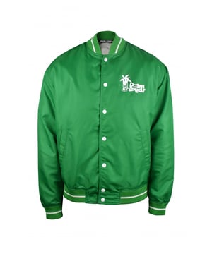 Chaqueta bomber Douby en nailon verde Palm Angels.Logotipo blanco impreso en el pecho.Estampado gráfico blanco en la espalda.Puños de canalé verde con línea blanca.Cierre con automáticos blancos.Bolsillos laterales.