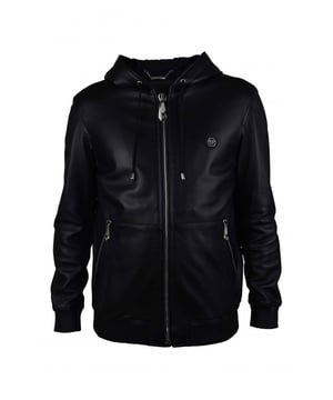 Chaqueta con capucha Philipp Plein de cuero negro liso.Capucha de piel con cordón de ajuste.Detalles metálicos plateados.Logotipo «PP» hexagonal.Cremallera central.Dos bolsillos laterales con cremallera.Ribetes de piel acanalada.Made in Italy.