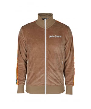 Camel jasje Palm Angels van fluweel.Wit logo gedrukt op de borst.Twee veelkleurige strepen op de mouwen. Geribbelde randen. Hoge kraag. Witte ritssluiting. Twee zijzakken met ritssluiting.Gemaakt in Italië.