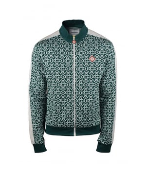 Chaqueta Casablanca verde y blanco Deconstructed Monogram.Confeccionado en algodón y poliéster reciclado.Monograma Casablanca emblemático en toda la prenda.Logotipo rojo bordado en el pecho.Franja blanca en las mangas.Cierre de cremallera.Bolsillos laterales.Bordes de canalé verde.Corte entallado.