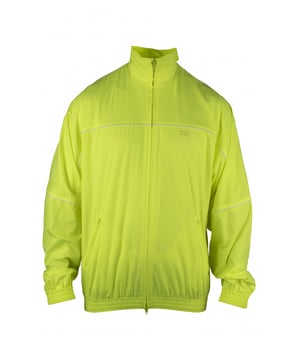 Balenciaga neongeel windjack van polyester.Bedrukt logo op de borst.Dunne witte strepen.Zijzakken met ritssluiting.Ritssluiting.Hoge kraag.Elastische uiteinden. Gemaakt in Italië.