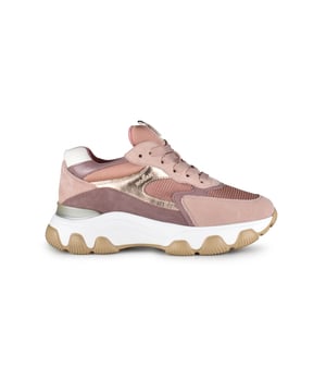 Hogan Sneakers in Rosa und Gold.Abdruck des Logos.Gemischte Materialien: Wildleder und Leder.Rosafarbene Schnürsenkel.Innensohle aus Leder mit Logoetikett.Gelbe und weiße Gummisohle.Absatz: 4,5 cm.Made in Italy.