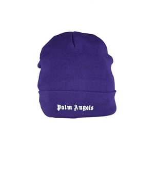 Gorro de lana y acrílico morado Palm Angels.Diseño de malla.Logotipo blanco impreso en el centro.Dobladillo enrollado.Made in Italy.