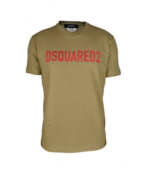 Camiseta de algodón beige de Dsquared2.Inscripción del logotipo en el centro de color rojo.Manga corta.Corte recto.Made in Italy.