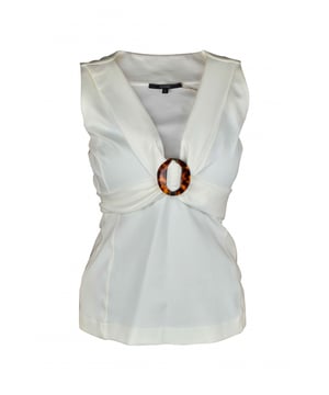 Witte Gucci top met V-hals.Riem met gesp met schildpadmotief en gouden Gucci-logo.Naaddetails.Gemaakt in Italië.