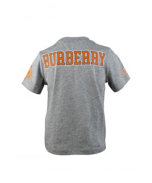 Grijs katoenen T-shirt van Burberry.Bedrukte afbeelding in het midden.Oranje inscripties op mouwen en achterkant.Korte mouwen.Made in Italy.