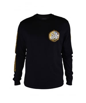 Camiseta Alchemy Frame Amiri en algodón negro.Estampado gráfico y logotipo blanco impresos en el pecho.Estampado gráfico dorado a lo largo de las mangas.Estampado gráfico y logotipo blanco en la espalda.Manga larga.Cuello redondo.Made in Italy.
