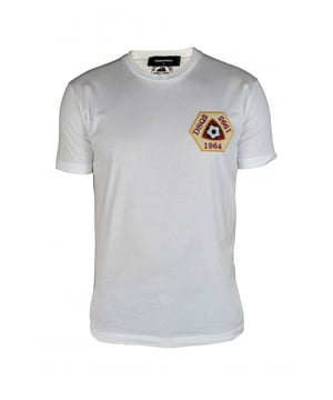 Dsquared2 T-shirt.Witte kleur.Geel en rood wapen.Korte mouwen.Ronde hals.Rechte snit.100% katoen.
