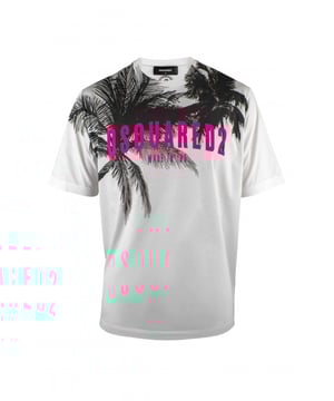Camiseta blanca con logo Dsquared2 en rosa intenso.Estampado gráfico de palmera negra.Cuello redondo.Manga corta.Dobladillo recto.100% algodón.Made in Italy.