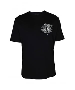 Zwart katoenen  Precious Memories  Amiri T-shirt.Illustratie van een eenhoorn en witte inscripties gedrukt op de borst.Dezelfde print op de achterkant.Merklogo boven het ontwerp op de voor- en achterkant.Ronde hals.Korte mouwen.Gemaakt in Italië.