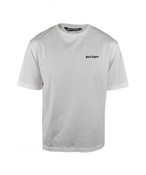 Camiseta Palm Angels blanca.Logotipo bordado en el pecho en negro.Mangas cortas.Cuello redondo.100% algodón.Cuello redondo.Made in Italy.