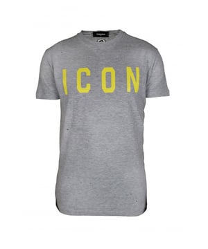 Camiseta de algodón gris de Dsquared2.Logotipo ICON estampado en amarillo en la parte delantera.Cuello redondo, manga corta y bajo recto.Ajustado.Made in Italy.