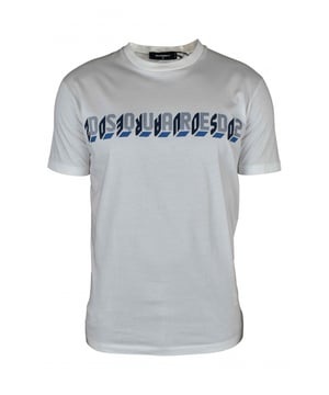 Camiseta blanca Dsquared2.Cuello redondo.Logotipo estampado en azul efecto 3D y espejo en el centro.Manga corta.100% algodón.Made in Italy.