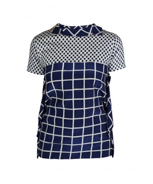 Prada blau und weiß gemustertes Oberteil.Rüschen an den Seiten.100% Baumwolle.Made in Italy.