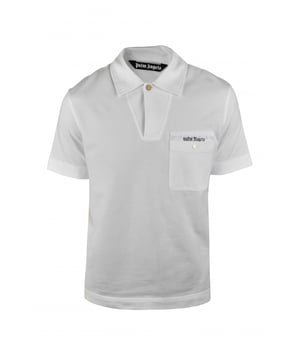 Weißes Poloshirt von Palm Angels.Aufgesetzte Tasche mit Knopf auf der Brust.Gesticktes Logo auf der Tasche in Schwarz.Kurz geschnittene Ärmel.Kragen mit Knopfleiste.100% Baumwolle.Made in Italy.