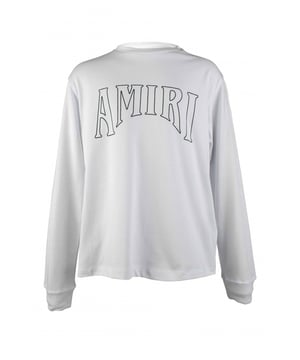 Camiseta blanca de algodón Amiri.Logotipo negro estampado en el centro.Estampado de rayos de sol negros en la espalda.Puños de canalé.Mangas largas.Made in Italy.
