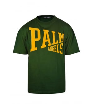 Camiseta de algodón verde con efecto Palm Angels vintage.Logotipo amarillo agrietado estampado en la parte delantera.Manga corta.Cuello redondo.Made in Italy.