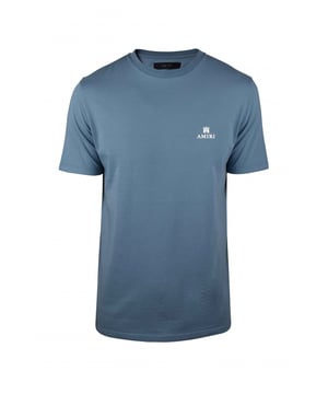 Amiri T-shirt van blauw katoen.Wit merklogo op de borst.Wit logo op de achterkant met twee horizontale strepen.Ronde kraag.Korte mouwen.Gemaakt in Italië.