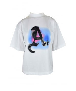 Weißes Palm Angels Oversize T-Shirt.Air-Druck in Schwarz auf der Vorderseite mit blauen, rosa und gelben Flecken.Halsband.100% Baumwolle.