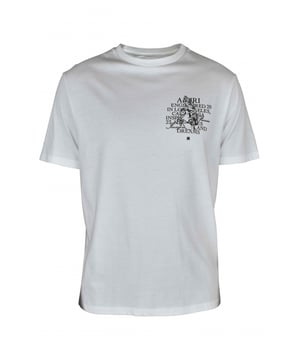Wit 'Precious Memories' katoenen Amiri T-shirt.Illustratie van een eenhoorn en zwarte inscripties gedrukt op de borst.Dezelfde print op de achterkant.Merklogo boven het ontwerp op de voor- en achterkant.Ronde hals.Korte mouwen.Gemaakt in Italië.