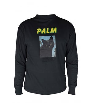 Camiseta Palm Angels.De color gris.Logotipo amarillo y verde en la parte delantera.Mangas largas.Imagen con un gato. Cuello y bordes acanalados.100% algodón.