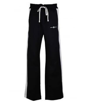 Amiri joggingbroek van zwart polyester.Wit MA-logo gedrukt op de voorkant.Witte verticale strepen aan de zijkant van de pijpen.Elastische tailleband met trekkoorden.Zijzakken.Eén achterzak.Zwarte logopatch op de achterkant.Gemaakt in Italië.