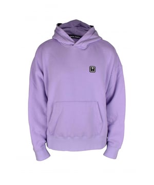 Lila katoenen Palm Angels-hoodie.Zwarte palmpatch aan de voorkant.Zwarte 'Palm Angels'-streep aan het uiteinde van de capuchon.Kangoeroezak.Geribde randen.Gemaakt in Italië.