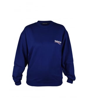 Sudadera Balenciaga Political de algodón azul marino.  Logotipo estampado en blanco y rojo en el pecho y la espalda.Mangas largas.Bordes acanalados.Cuello redondo.100% algodón.