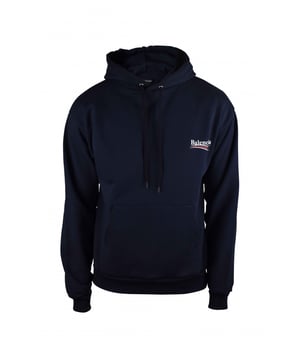 Balenciaga marineblauw katoenen sweatshirt met capuchon.  Wit en rood logo gedrukt op de borst.Wit en rood logo gedrukt op de achterkant.Geribbelde randen.Lange mouwen. Kangoeroezak.Oversized snit.