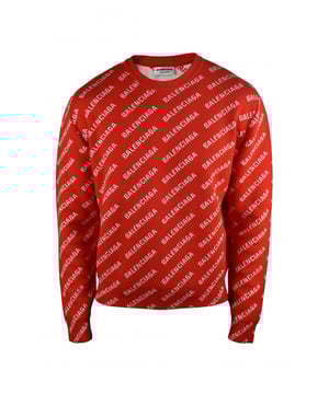 Jersey rojo de Balenciaga.Logotipo blanco de Balenciaga estampado en diagonal.Cuello redondo acanalado.Mangas largas.Puños y mangas de canalé.40% algodón, 27% lana, 22% poliéster.Made in Italy.