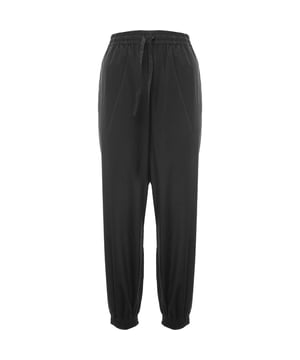 54% recycled nylon, 46% cotton. Raey's track pants are made from a recycled-nylon blend with a drawstring waist and elasticated cuffs