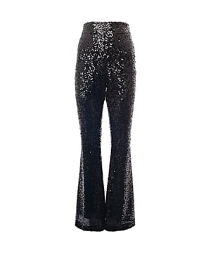 100% Polyester. Crafted from shimmering sequins, Raey's flared trousers provide standout style and a comfortable fit. The lining is made from lightweight viscose, and the high-rise waist is finished with a concealed hook closure. A statement piece for day or evening