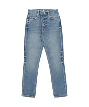 100% organic cotton. Raey's blue Dip skinny jeans are cut from organic-cotton denim treated with a dark vintage wash and light fading for a worn look. They have a high rise designed to sit high or lowered for a slouchy fit.