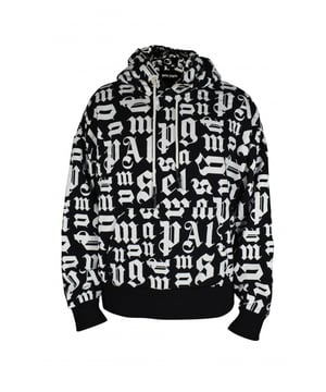 Hoodie Palm Angels broken Monogram in Schwarz und Weiß.Kapuze mit weißen Kordeln zum Zusammenziehen.Lange Ärmel.Aufgesetzte Tasche.100% Baumwolle.Made in Italy.