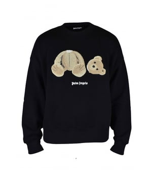 Schwarzes Sweatshirt von Palm Angels.Teddybär-Motiv mit Unterschrift.Weißes Palm Angels-Logo auf der Vorderseite.Gerippte Kanten.100% Baumwolle.Made in Italy.