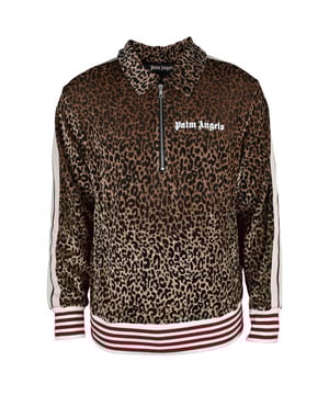 Sudadera marrón con estampado de leopardo de Palm Angels.Logotipo de la marca estampado en el pecho.Cierre delantero con cremallera.Mangas largas con pespuntes blancos.Cuello clásico.Ribete de rayas rojas.Made in Italy.