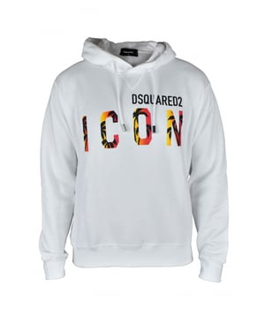 Sudadera con capucha blanca Dsquared2.Logotipo ICON estampado en la parte delantera.Efecto gráfico de palmera en negro, amarillo y naranja.Costura en el cuello en V.Capucha con cordón.Bordes de canalé.100% algodón.Made in Italy.