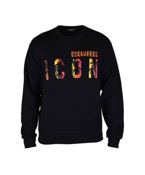 Sudadera negra Dsquared2.Logotipo ICON estampado en la parte delantera.Efecto gráfico de palmera en negro, amarillo y naranja. Costura en el cuello en V.Bordes acanalados.100% algodón.Made in Italy.