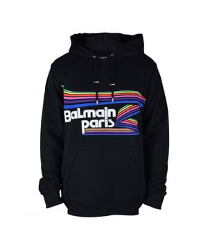 Sudadera negra de Balmain con estampado.Estampado gráfico de arco iris con logotipo blanco en la parte delantera.Capucha con cordón.Puños de canalé.Cremalleras en los laterales.Bolsillo tipo canguro.100% algodón.Made in Italy.