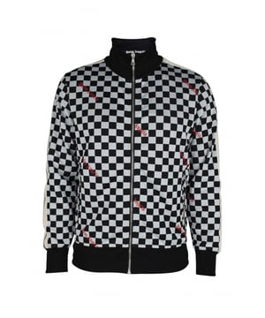 Chaleco a cuadros de poliéster Palm Angels.Estampado en damero blanco y negro.Logotipo rojo impreso varias veces.Rayas blancas y negras en las mangas.Cierre de cremallera.Cuello alto.Cintura elástica.Made in italy.