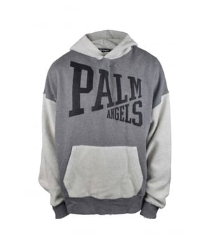 Sudadera con capucha Palm Angels de algodón gris.Diseño de canesú de patchwork.Logotipo craquelado negro estampado en la parte delantera.Ligeras roturas.Bolsillo canguro delantero.Bordes acanalados.Made in Italy.
